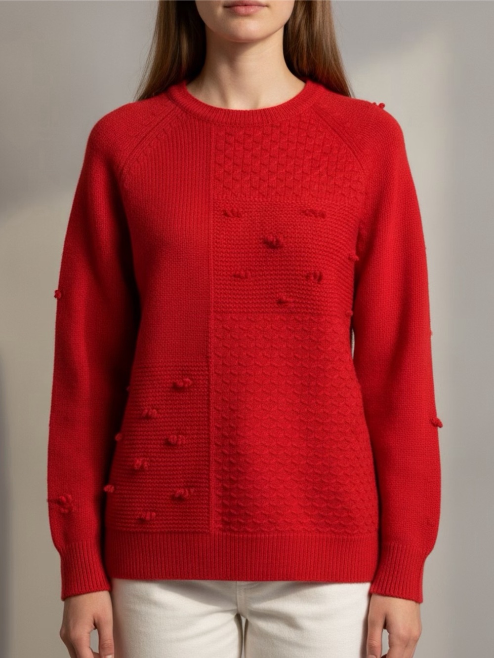 Simone Rocha Cashmere-Merino Wool Red Textured Bobble Crewneck Sweater Sz S